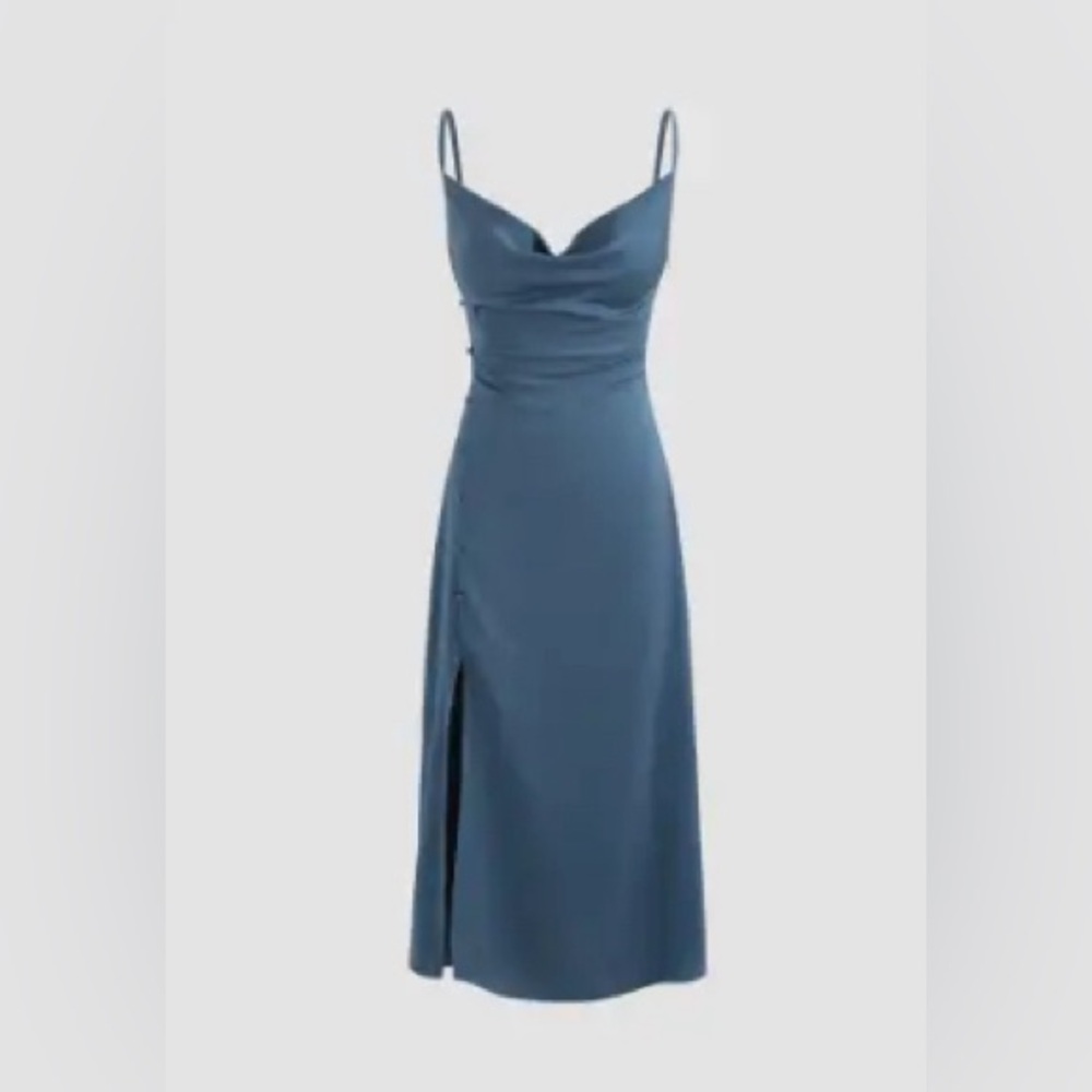 Solid Cowl Neck Slit Midi Dress